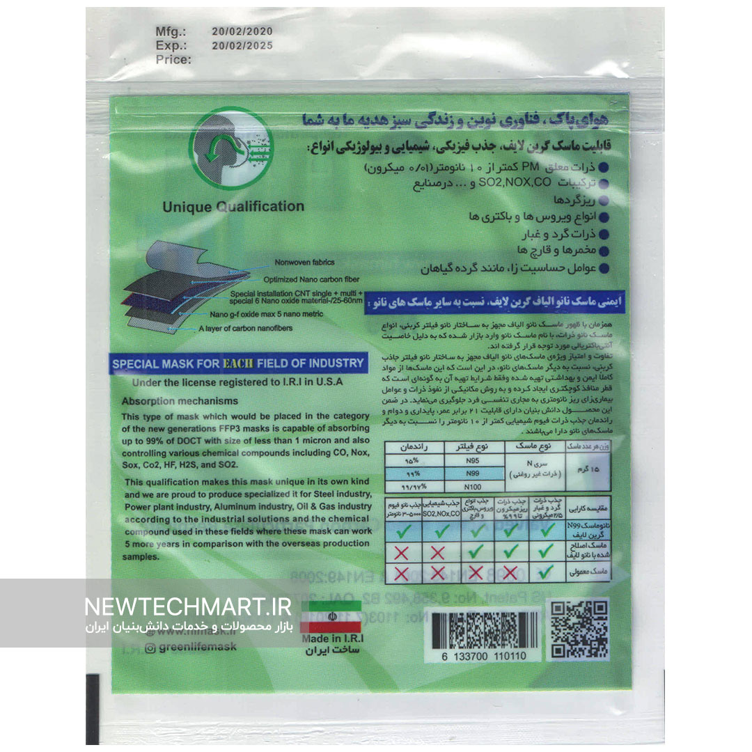 ماسک تنفسی نانویی N99 سوپاپ‌دار گرین لایف - FFP3 (مجهز به فیلتر کربن فعال)